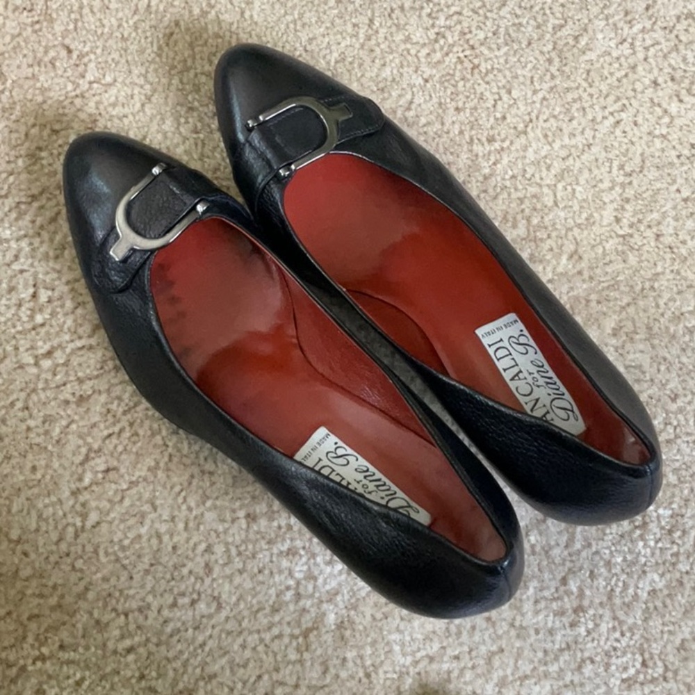 Black leather heels with buckle detail, size 42